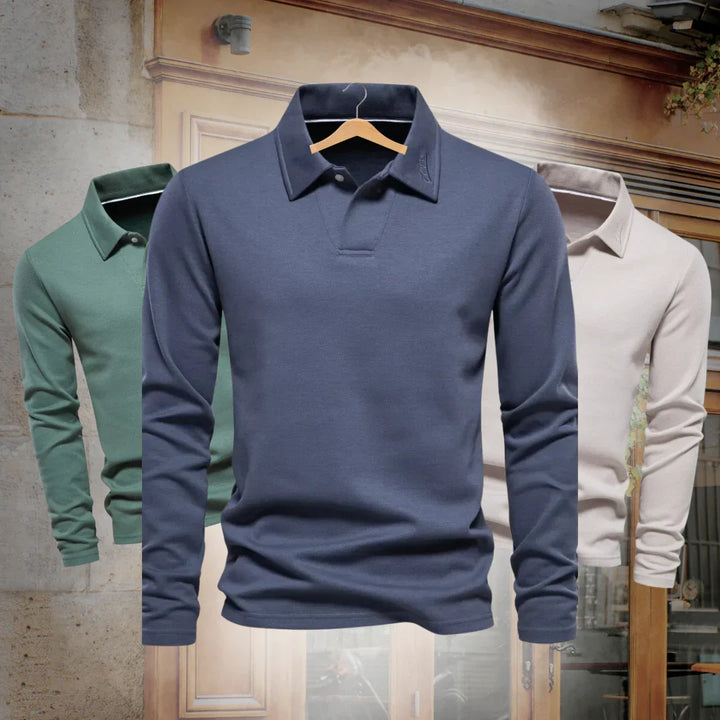 Men's casual knit polo sweater in a timeless long-sleeve design, perfect for everyday comfort and style.