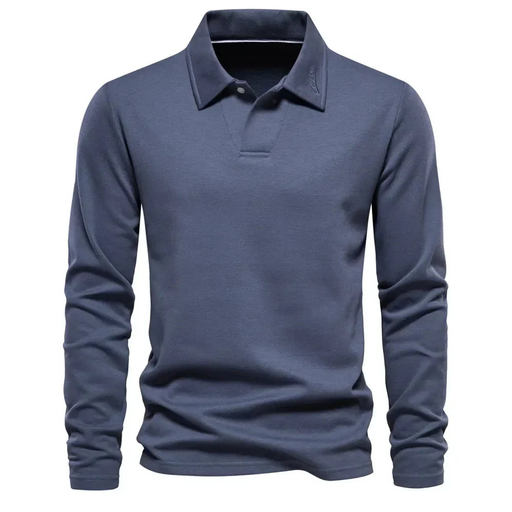 Comfortable men's long-sleeve knit polo sweater, a versatile top for casual wear and everyday fashion.