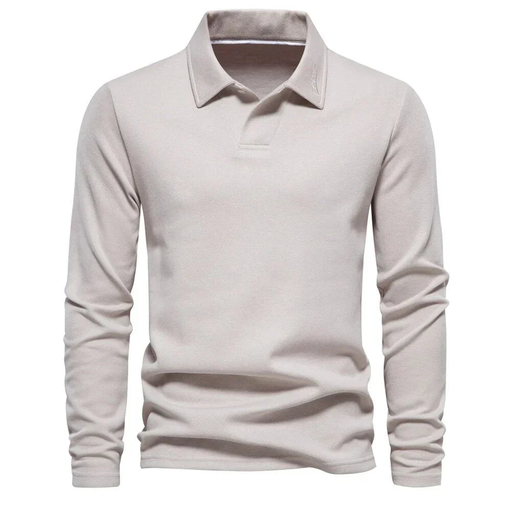 Elegant men's casual polo sweater, a comfortable, versatile long-sleeve knit top for modern men's fashion.