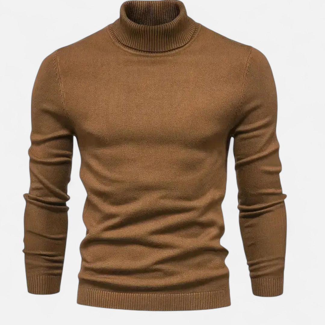 Versatile men's casual lapel neck knit sweater in rich brown, perfect for layering in cold seasons.