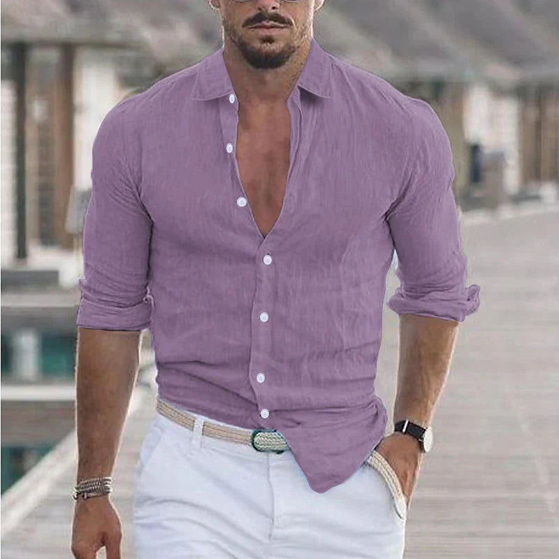 White linen long sleeve button-up collar shirt for men, new summer casual fashion, breathable fabric