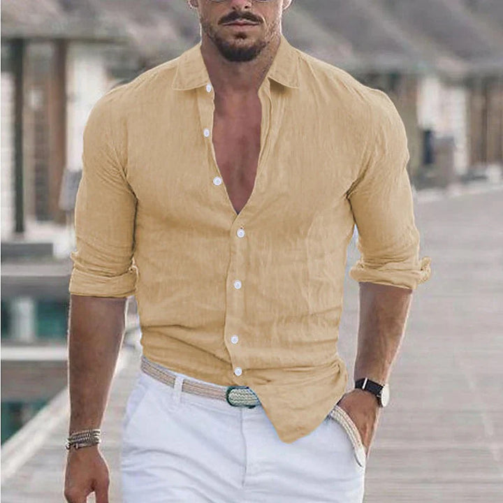 Close-up of a men's linen long sleeve button-up shirt, showing breathable texture and buttons