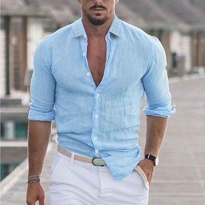 Man wearing a stylish linen long sleeve button-up casual shirt, ideal for summer comfort