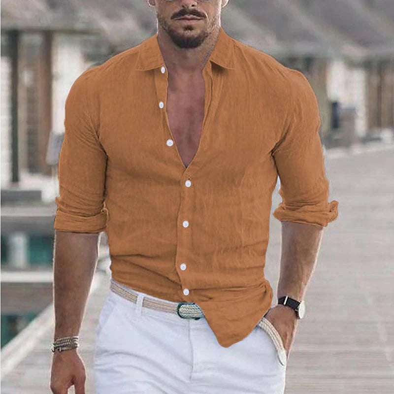 Grey men's casual linen long sleeve shirt, button-up design, breathable and regular fit
