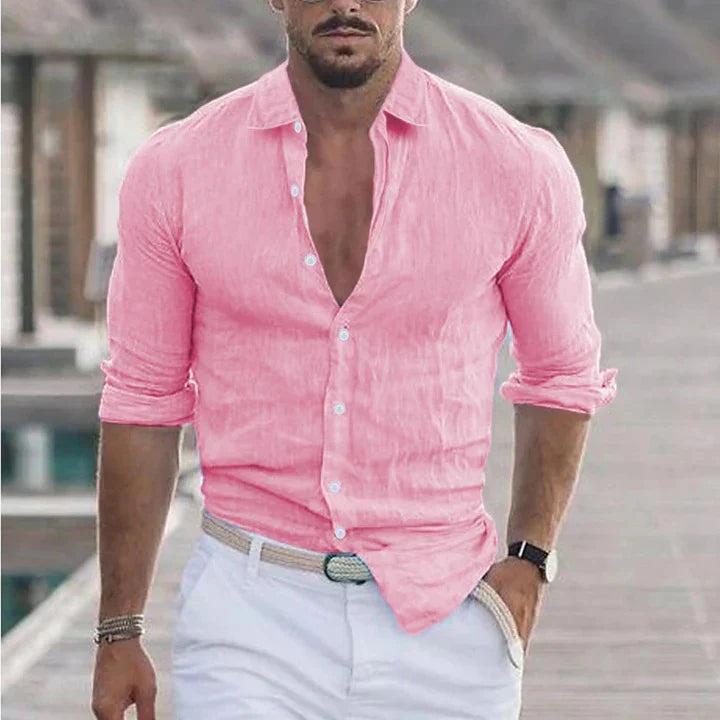 Folded green men's linen long sleeve button-up shirt, new arrival, casual and breathable