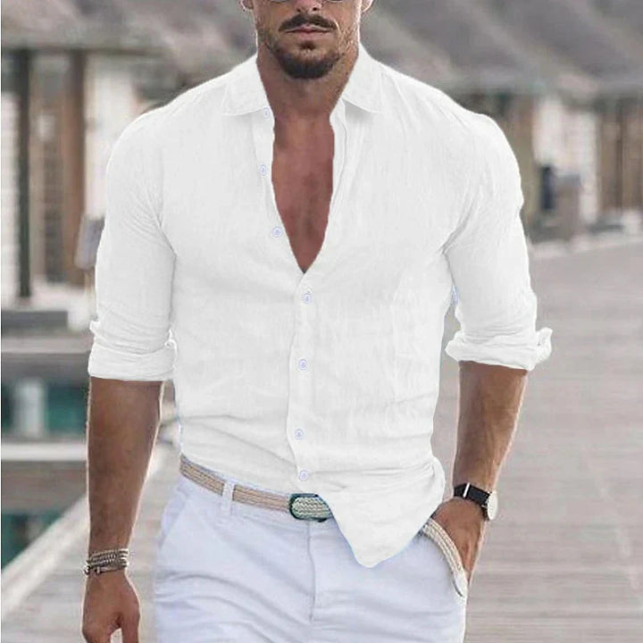 Detail of the collar on a men's casual linen long sleeve button-up shirt, summer fashion