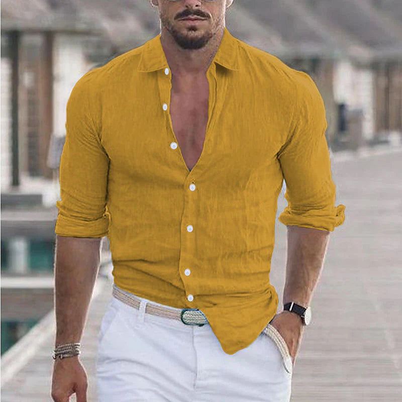 Model showcasing a red men's linen long sleeve button-up shirt, casual style, breathable for summer