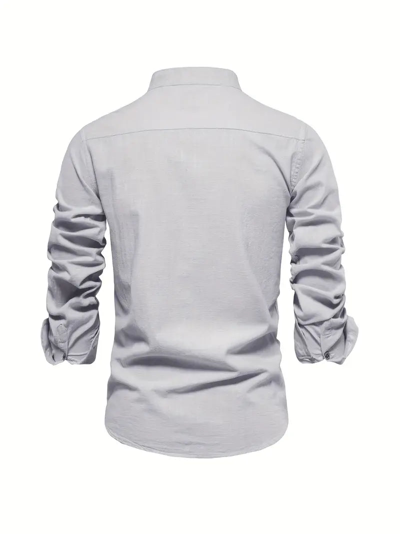 Men's casual long sleeve button-down shirt paired with trousers, demonstrating spring apparel style.