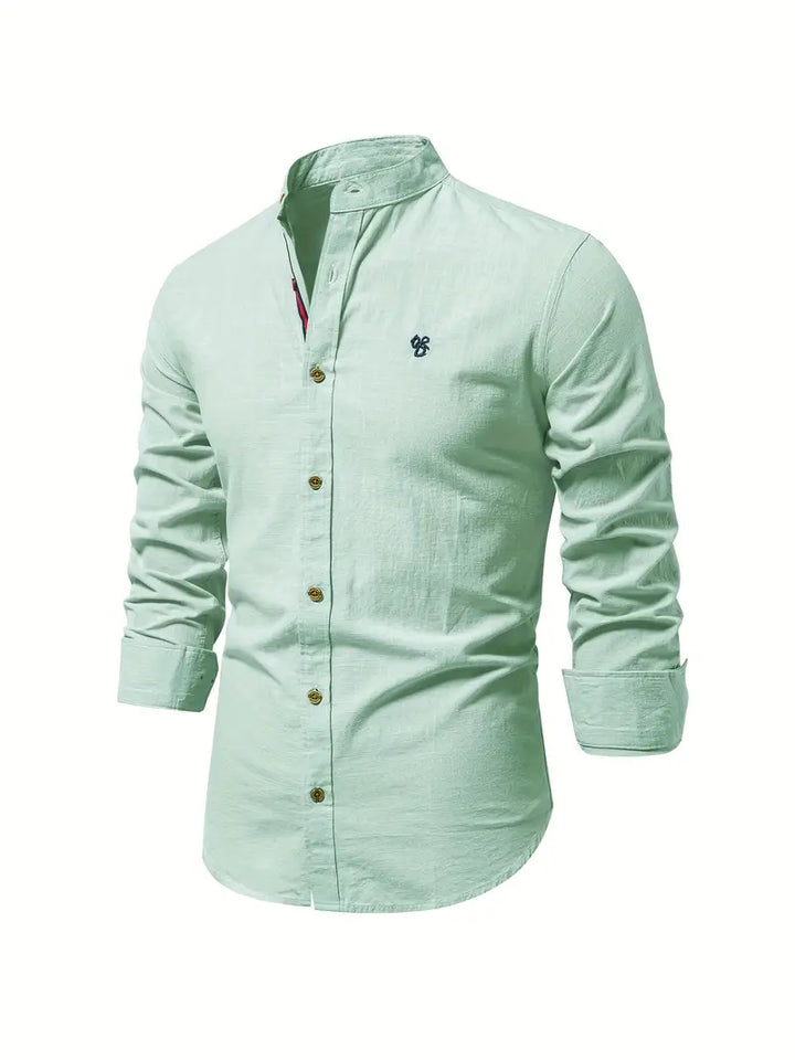 Close-up of a men's casual button-down shirt fabric, highlighting its spring-ready texture.