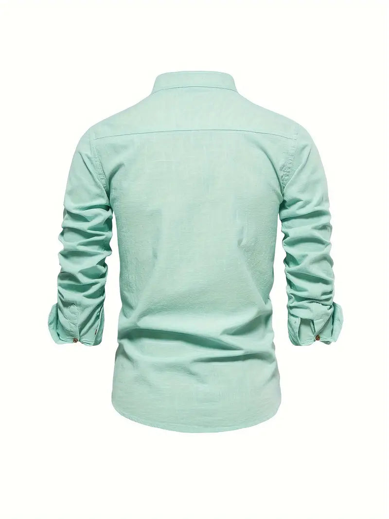 Man wearing a green long sleeve button-down casual shirt, ideal for spring fashion mens apparel.