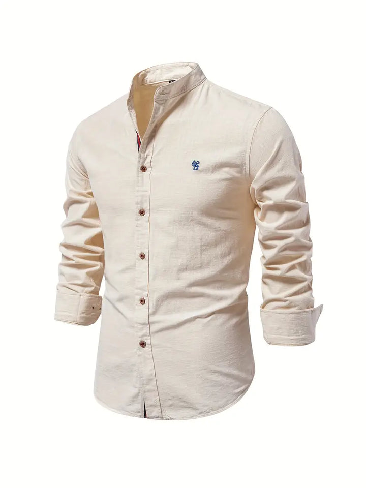 Folded blue men's casual button-down shirt, ready for versatile everyday spring wear.