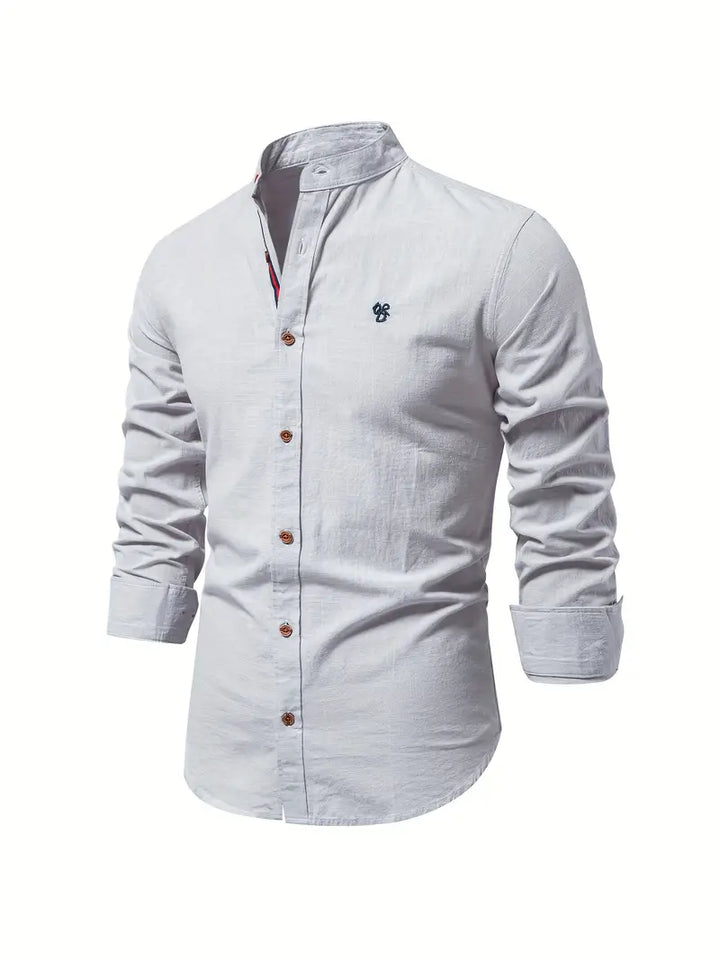 Front view of a men's long sleeve button-down shirt in grey, suitable for spring fashion.