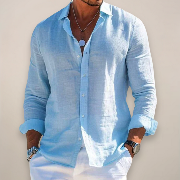 Relaxed fit men's long sleeve collared button up shirt in a light fabric for summer