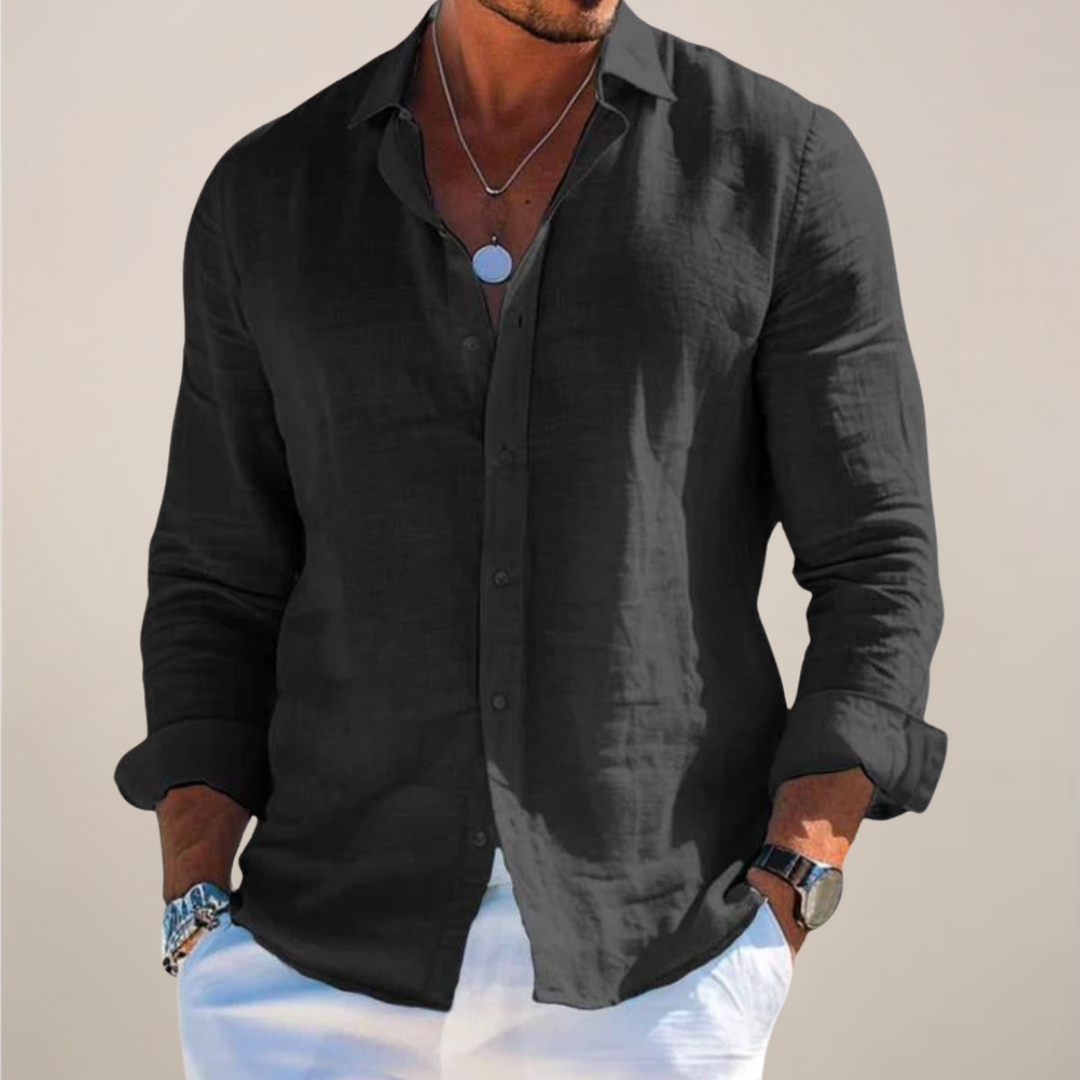 Stylish men's button up shirt, long sleeve, in a comfortable casual summer design