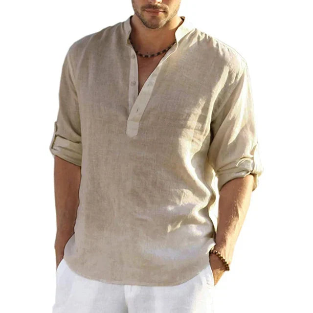 Men's casual long sleeve linen shirt in a light solid color, perfect for summer comfort and breathability.