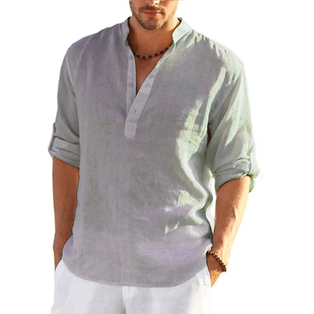 Versatile men's linen shirt with long sleeves, ideal for casual wear and summer fashion.