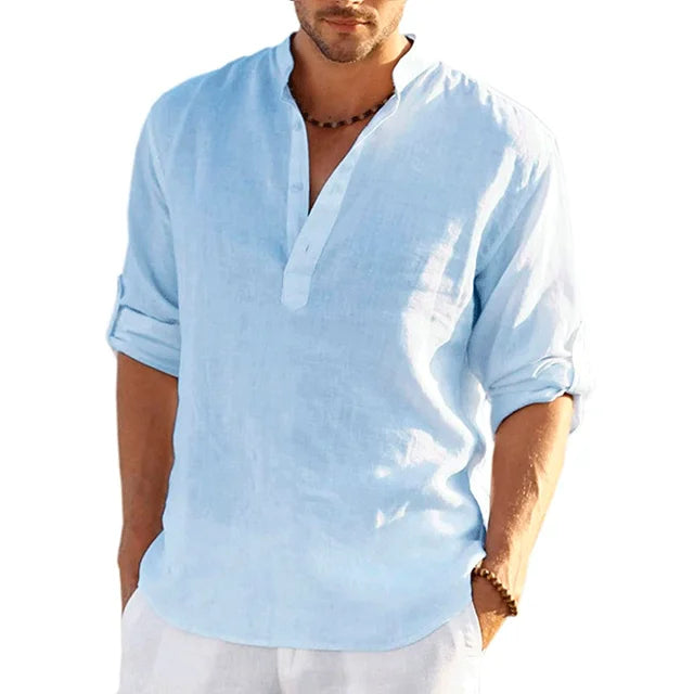 Breathable men's long sleeve linen shirt in a solid hue, showcasing comfort and casual style.