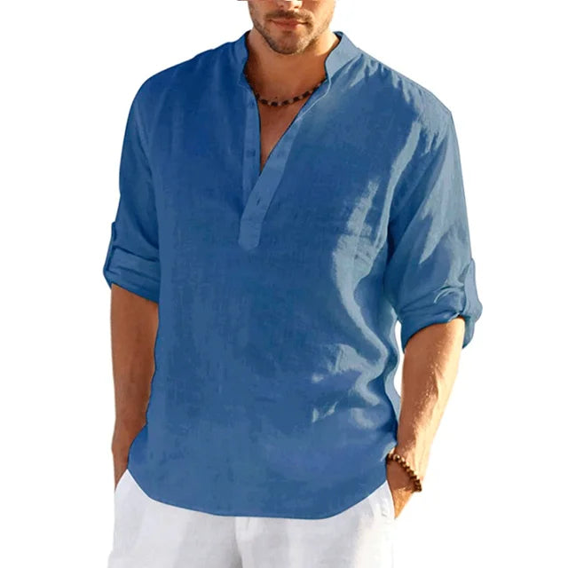 Stylish men's apparel: a long sleeve linen shirt, great for summer and everyday casual outfits.