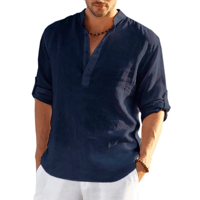 Men's summer fashion: a long sleeve linen shirt, designed for breathability and versatile styling.