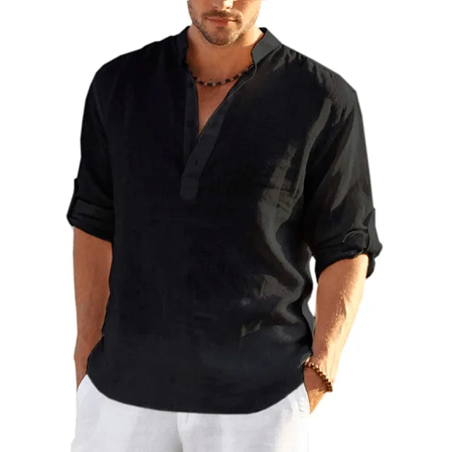 Casual menswear: a comfortable, breathable long sleeve linen shirt, perfect for warm weather.