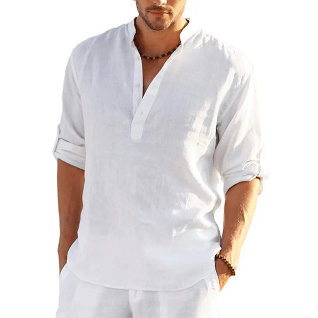 Classic men's long sleeve linen shirt, a solid color staple for versatile summer and casual wear.