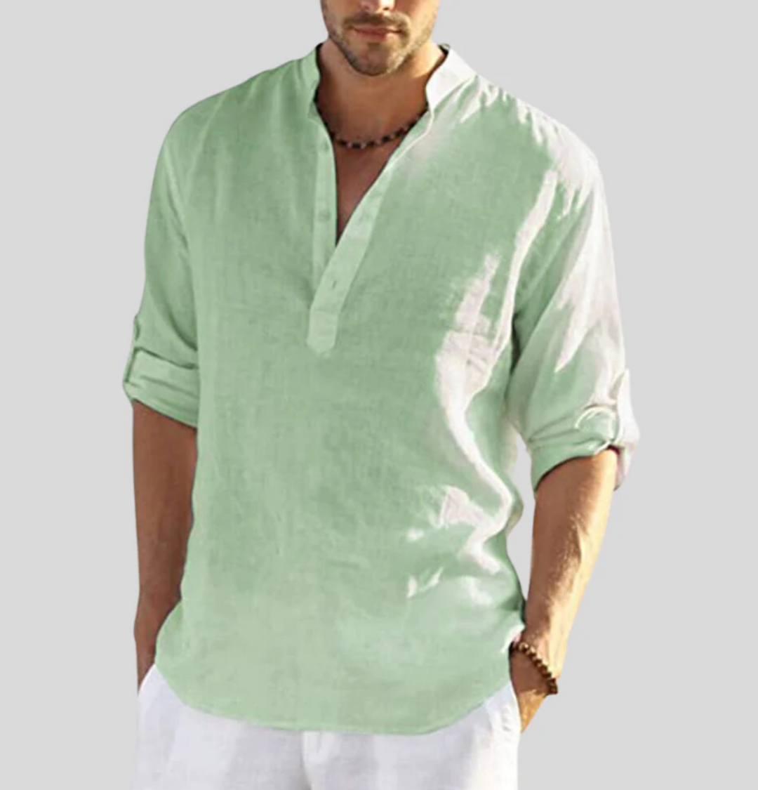 Mens long sleeve casual top featuring a trendy button placket for a relaxed, breathable feel