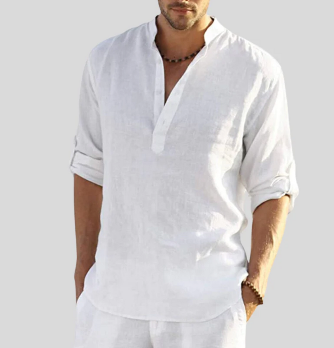 Men's casual long sleeve shirt with button placket, relaxed fit for summer wear, versatile men's apparel