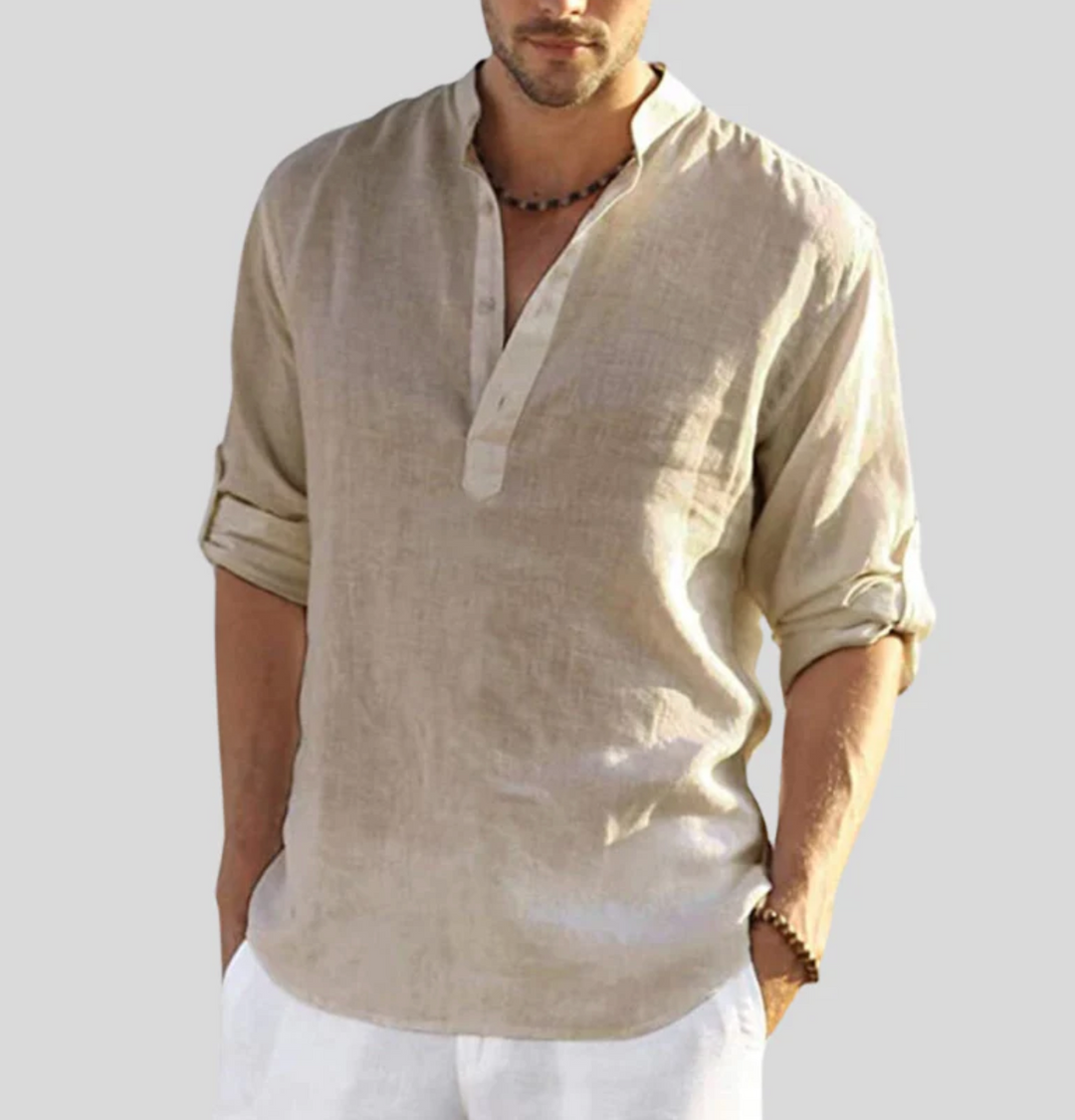 Front view of a men's versatile long sleeve shirt, featuring a button placket, suitable for casual wear