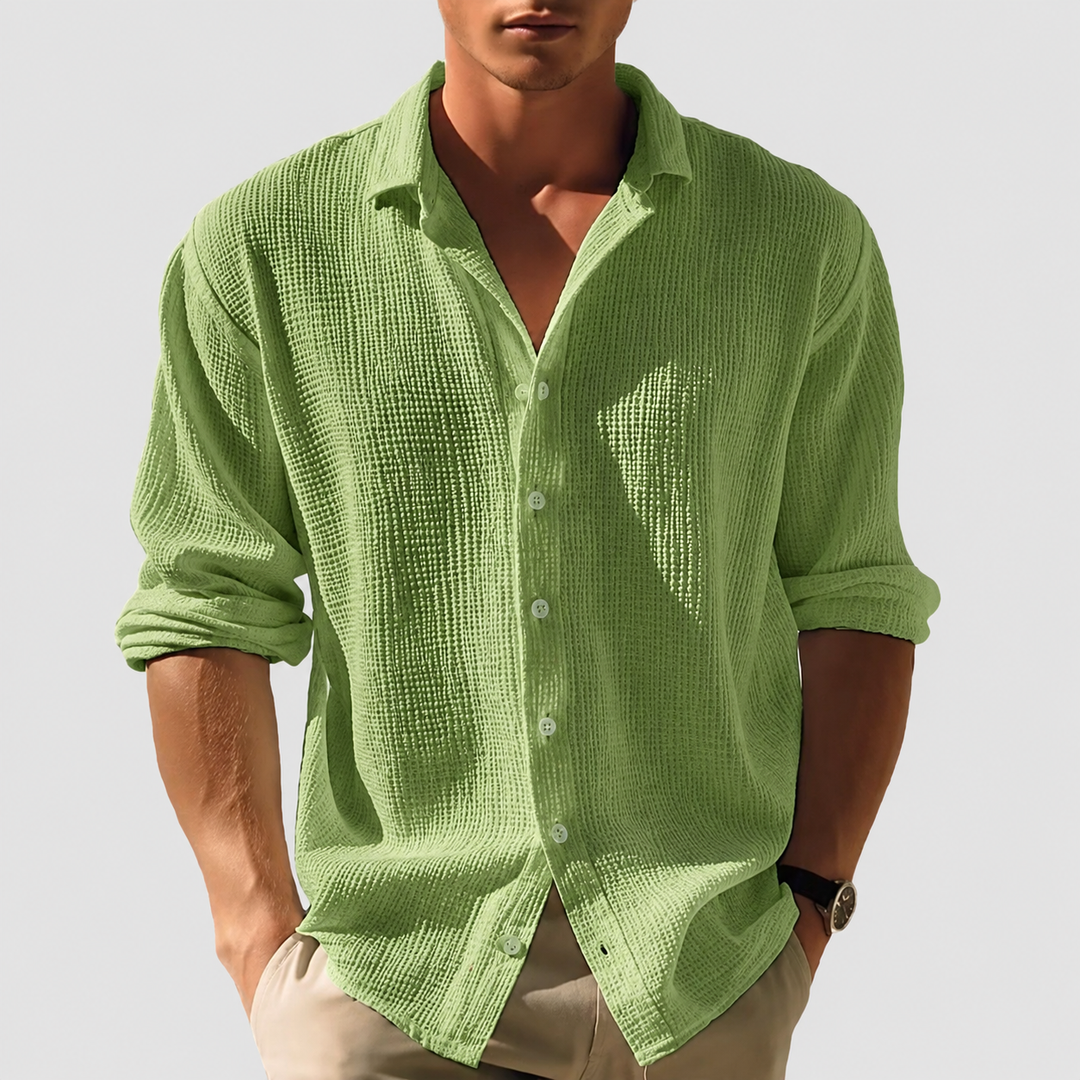 Versatile men's casual long sleeve waffle shirt, perfect button-up for effortless style, comfort, and everyday wear.