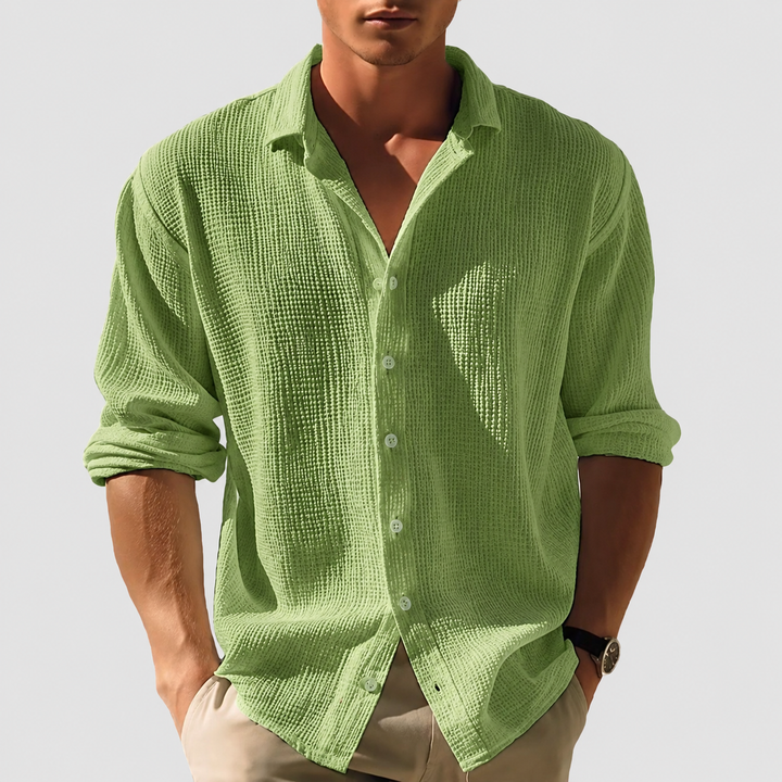 Versatile men's casual long sleeve waffle shirt, perfect button-up for effortless style, comfort, and everyday wear.