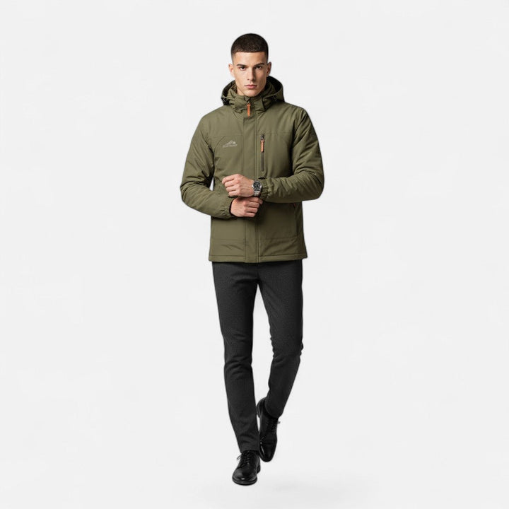 Stylish men's loose-fit hooded jacket, great for transitional casual wear.