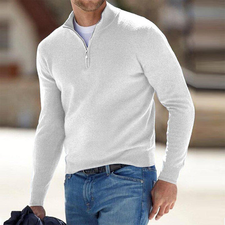Men's casual navy blue zip neck sweater, long sleeve knitted pullover for everyday wear