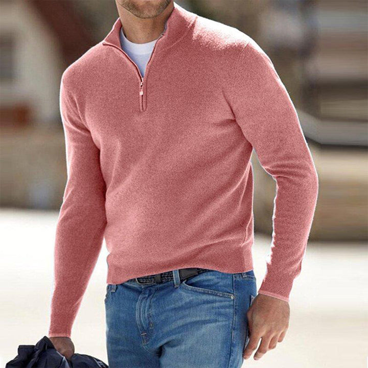Long sleeve knitted men's zip neck sweater in black, suitable for everyday comfort