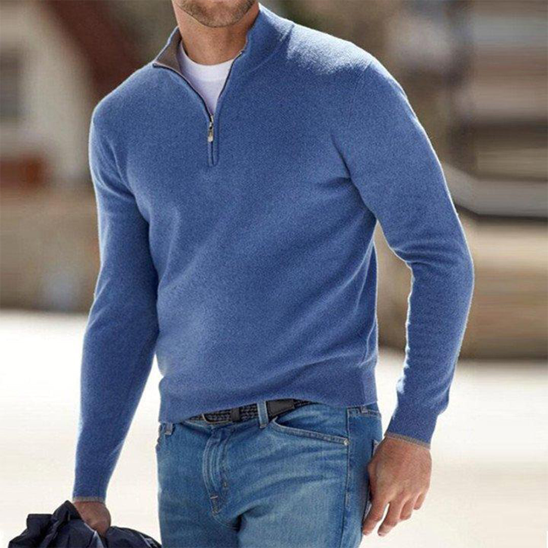 Detail of the zip neck on a men's comfortable knitted sweater for everyday style