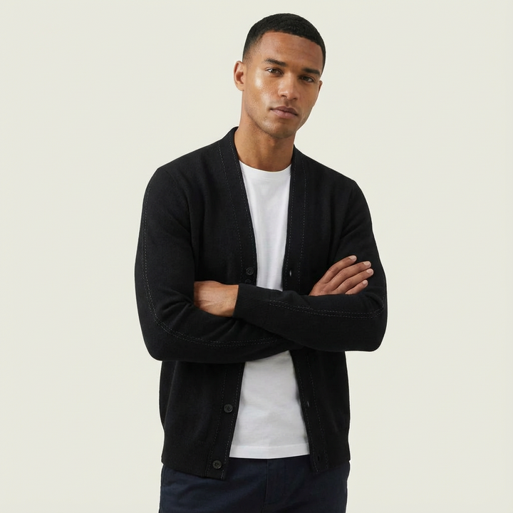 Stylish men's plaid cardigan sweater with button-front, ideal for comfortable long sleeve fall layering.
