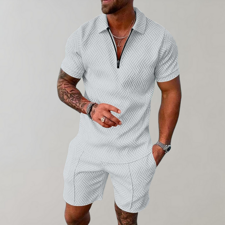 New men's summer set: short-sleeve polo shirt and matching casual shorts.