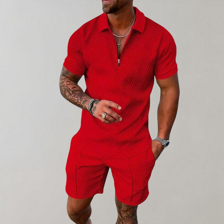 Comfortable men's summer outfit with a casual polo and elastic waist shorts.