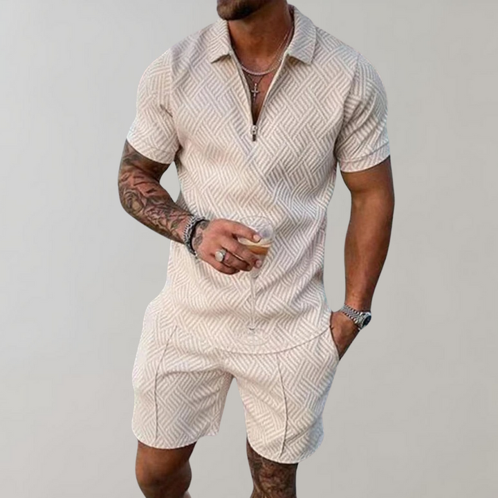 Men's apparel: breathable summer set featuring a stylish polo and shorts.