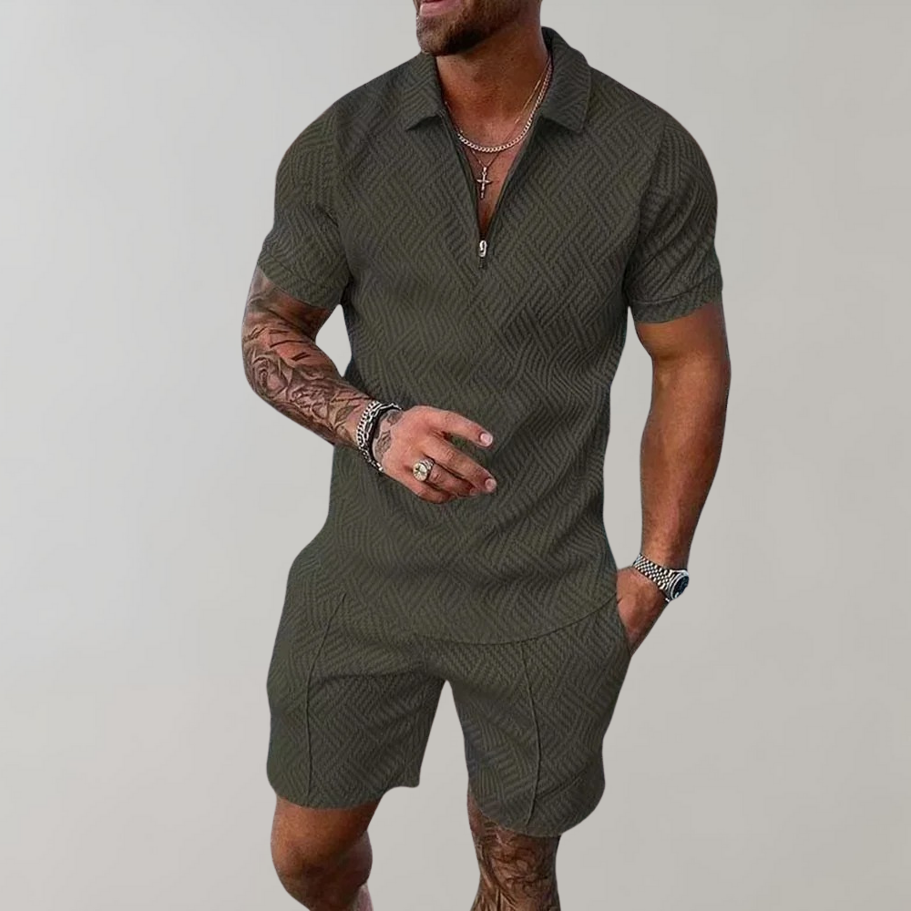 Close-up of the fabric texture of a men's casual polo and shorts summer set.