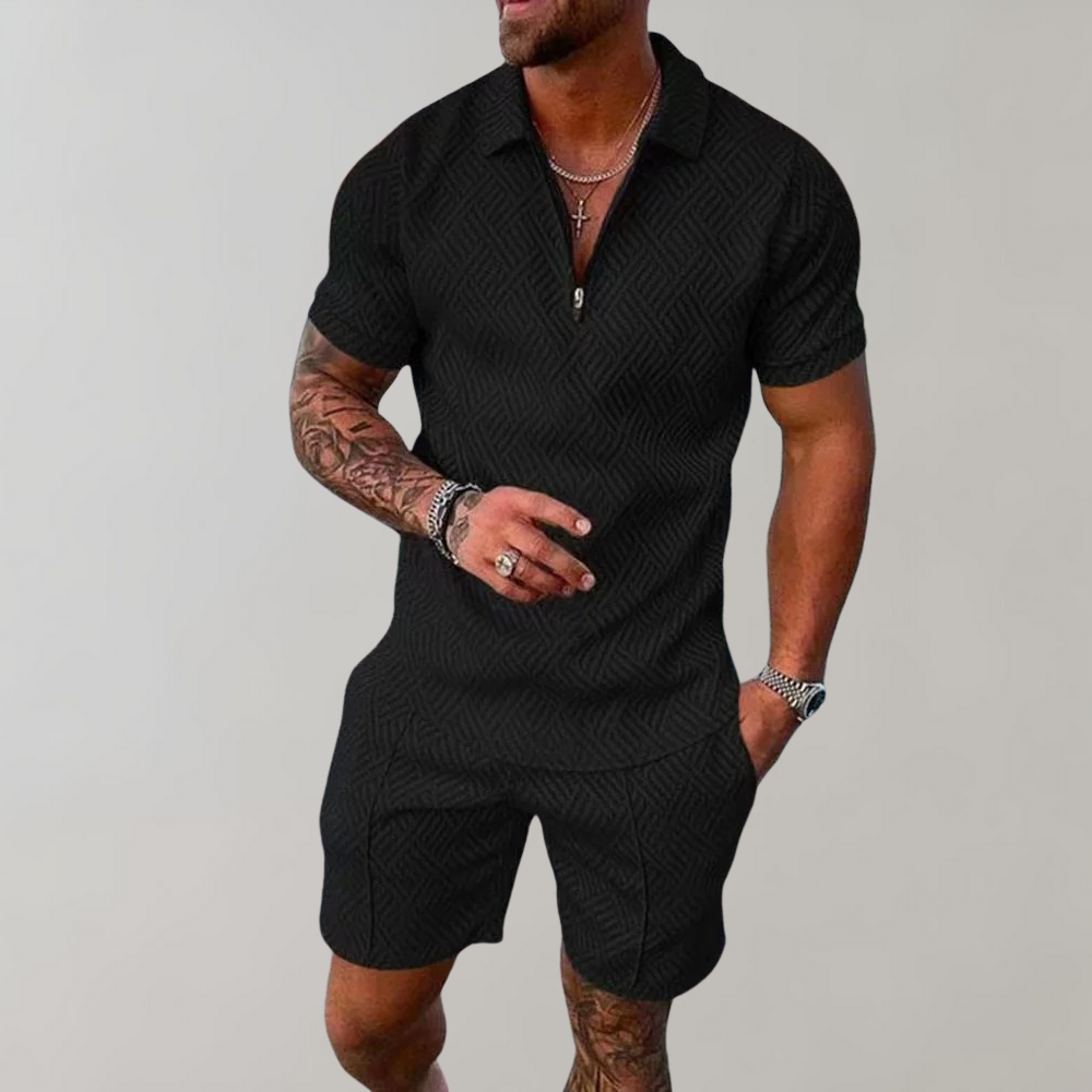 Full view of a men's summer set, including a casual polo shirt and shorts.