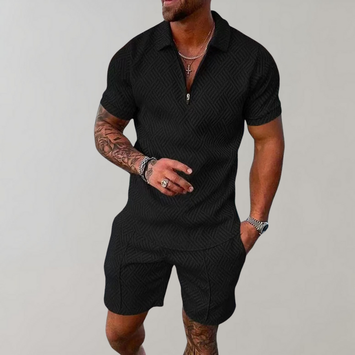 Full view of a men's summer set, including a casual polo shirt and shorts.