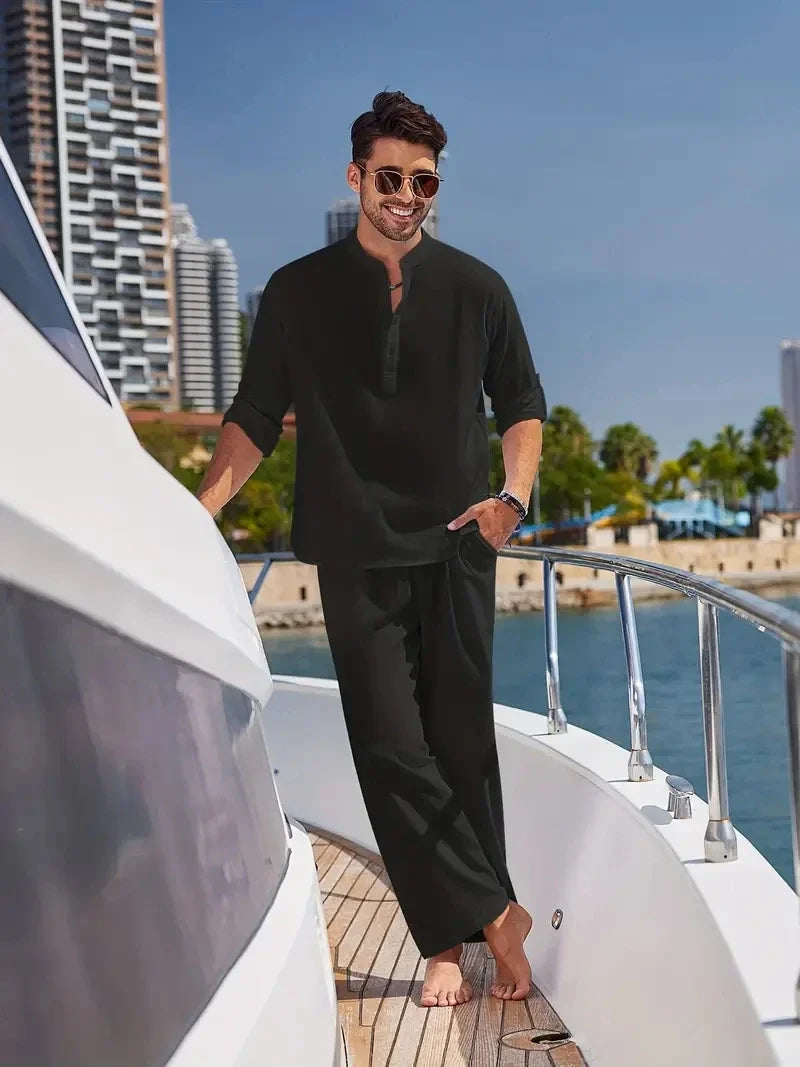 New men's two-piece casual loungewear set with a button shirt and matching shorts.