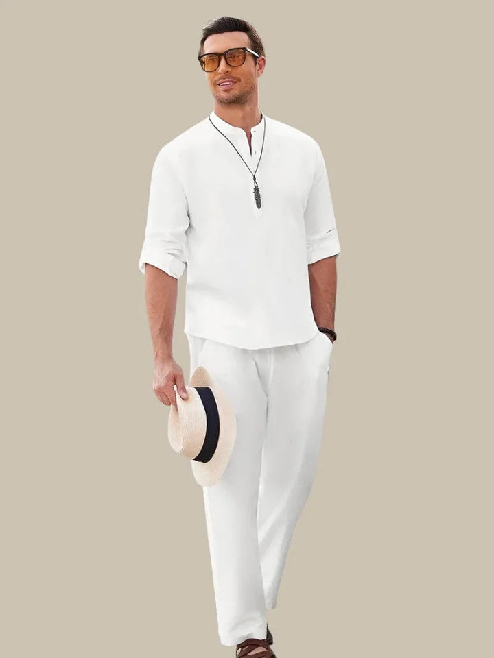 Stylish men's apparel two-piece set, featuring a casual shirt and shorts for warm weather.