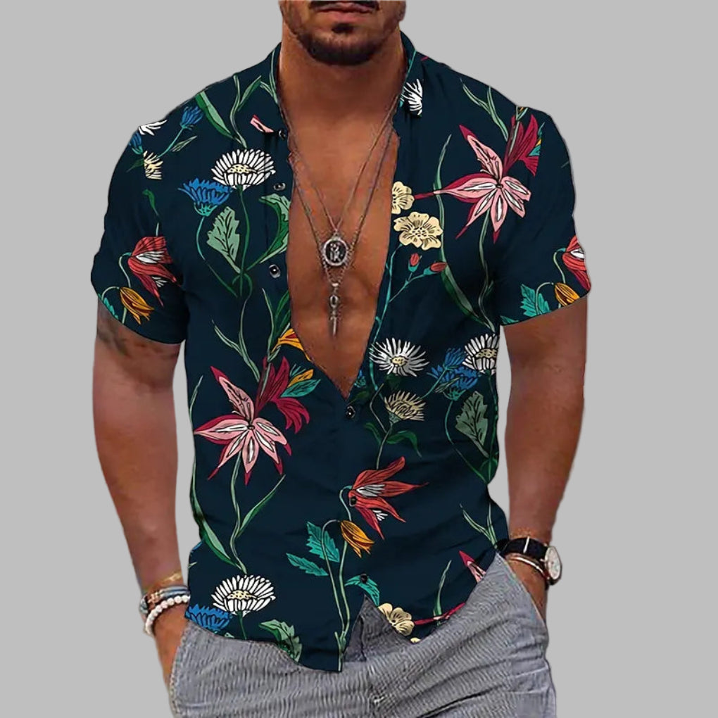 Stylish printed mens shirt with short sleeves, great for summer, casual wear, and vacations