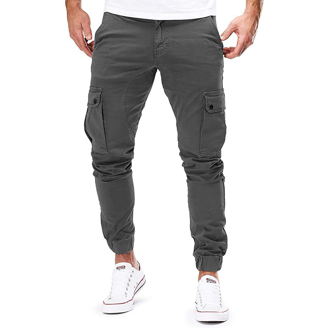 Men's casual relaxed fit cargo trousers in olive green with multiple utility pockets