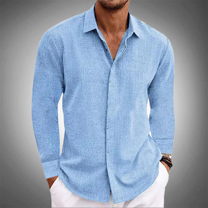 Men's casual relaxed-fit long-sleeve button-front shirt for everyday comfort & style. Perfect summer wear.