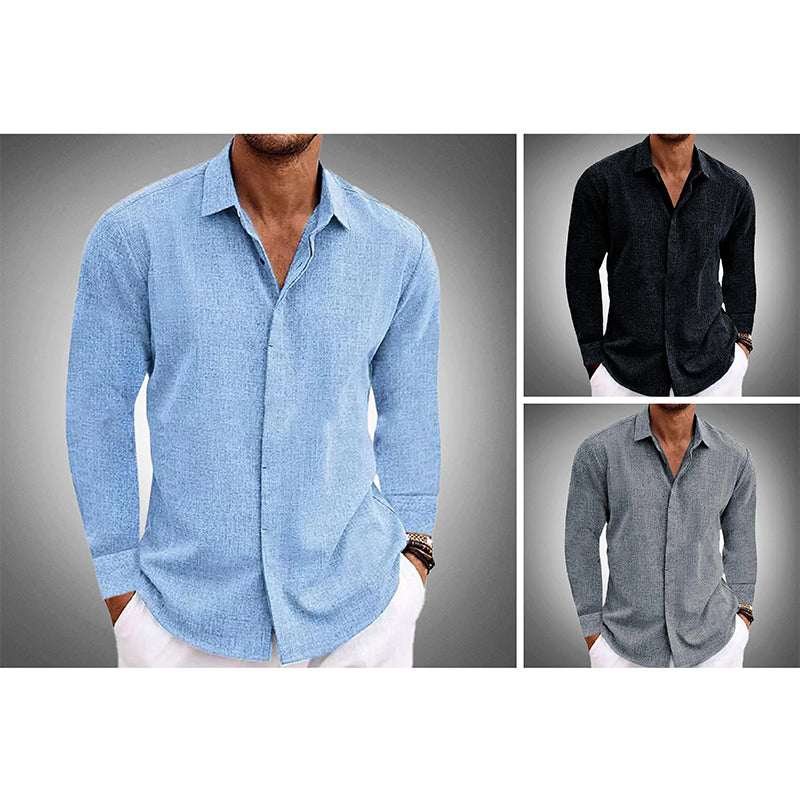 Comfortable men's relaxed casual shirt. Long-sleeve button-up, great for summer wear, holidays, and versatile everyday styling.