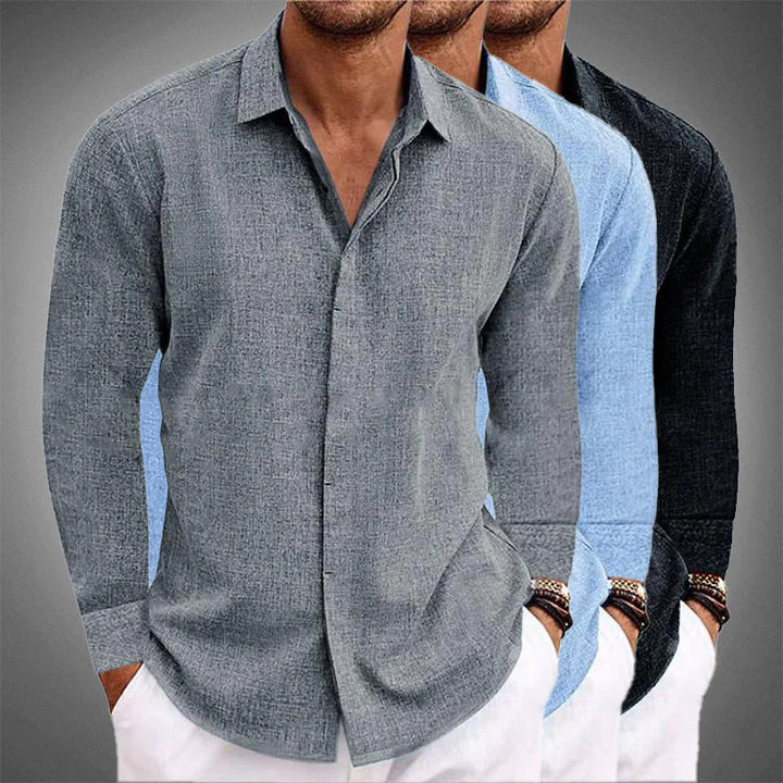 Men's casual relaxed button-front shirt. Long sleeve, versatile top, perfect for summer fashion and everyday men's clothing.