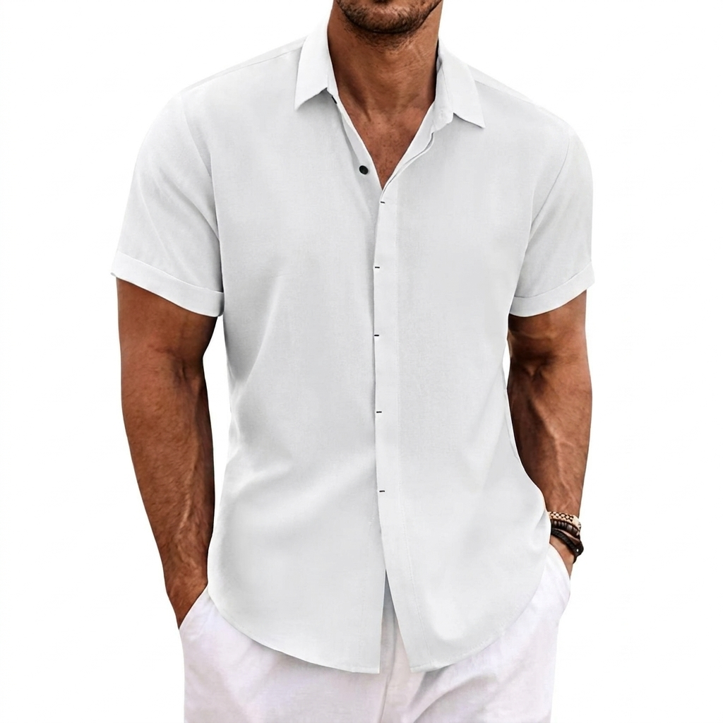 Men's relaxed fit short sleeve button shirt. A stylish, breathable top for everyday casual summer apparel.