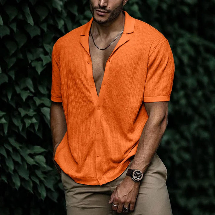 Classic men's short sleeve button down shirt, designed for casual comfort and summer style